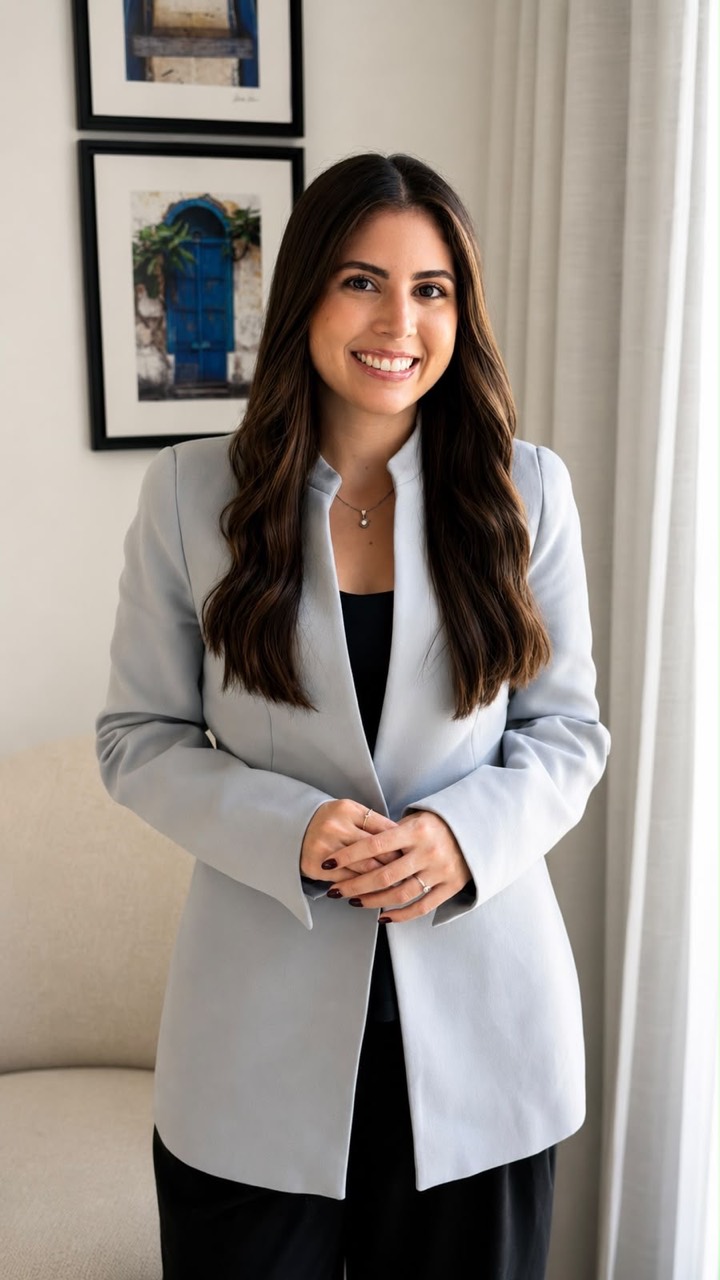 Steffanie Vasconcelos sorrindo, de blazer claro.